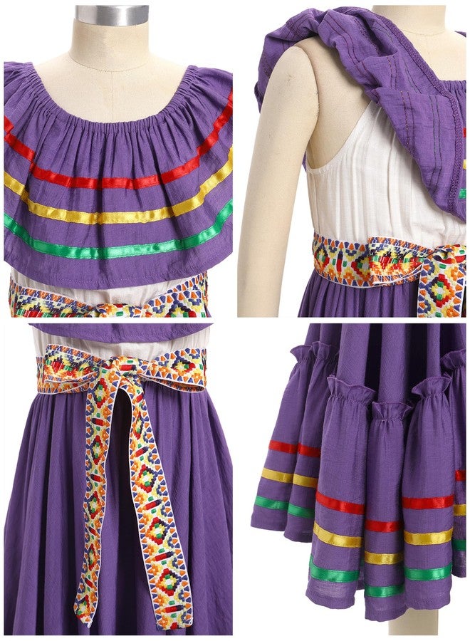 ODIZLI Mexican Dress for Girls Traditional Cinco de Mayo Fiesta Dresses for Toddler Girl Off-Shoulder Sleeveless Kids Vestidos Tipicos Mexicanos Flamenco Dress Ruffle Drape A Line Dress Purple 9-10 Years - Image 5